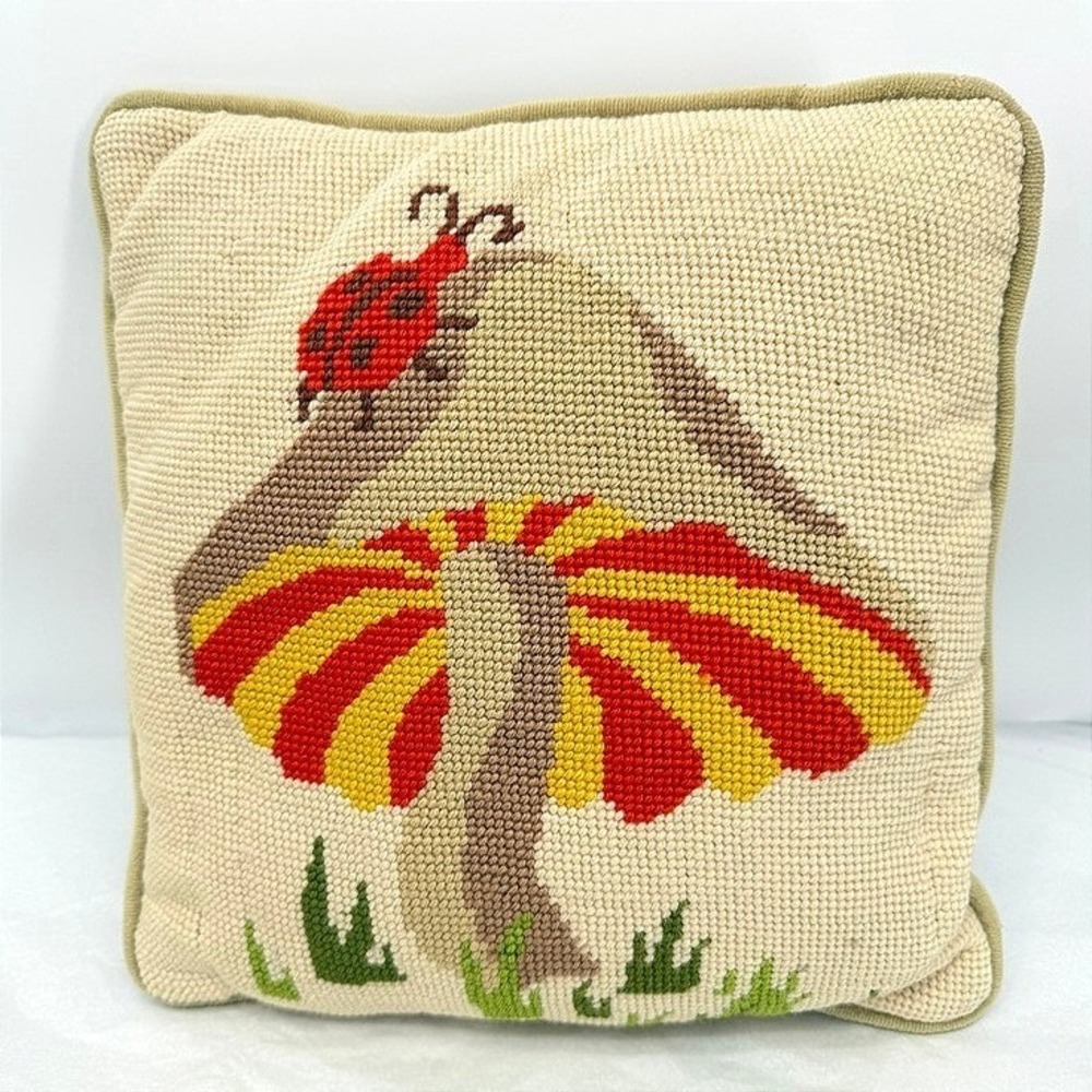 Vintage Needlepoint Mushroom Ladybug Throw Accent Boho Pillow Retro Decor 11x11